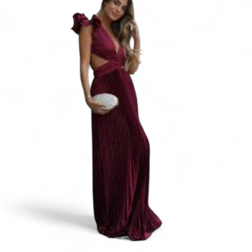 Toperth Ruffle Shoulder V Neck Lace Up Back Maxi Dress Burgundy Wine Size L